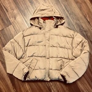 Urban Outfitters 90s Sport Puffer Jacket Zip Front Oversized Tan  XS